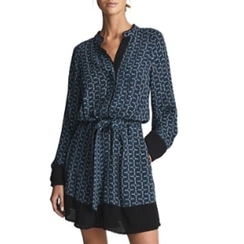 REISS Viviyan Printed Flippy Dress – Navy Chain Print – Size 6 (NWT)
